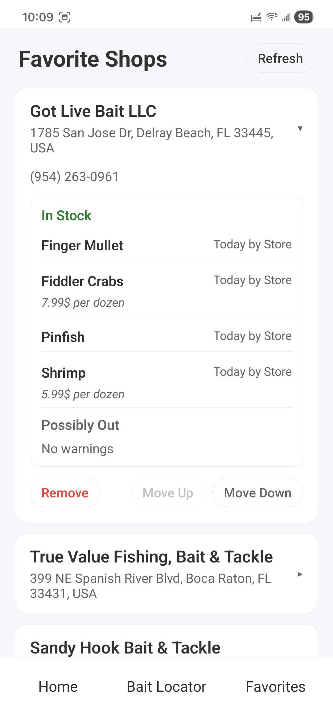 Favorite tab displaying bait stock report