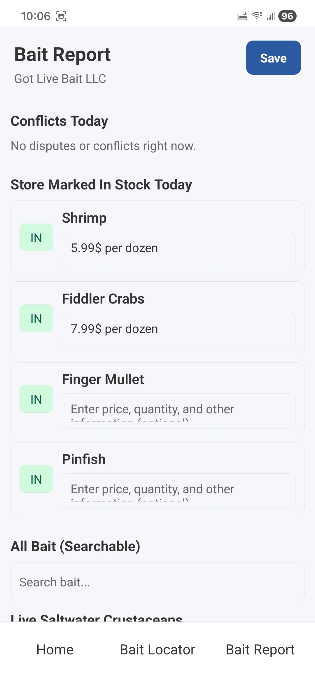 Tackle bait report with note added