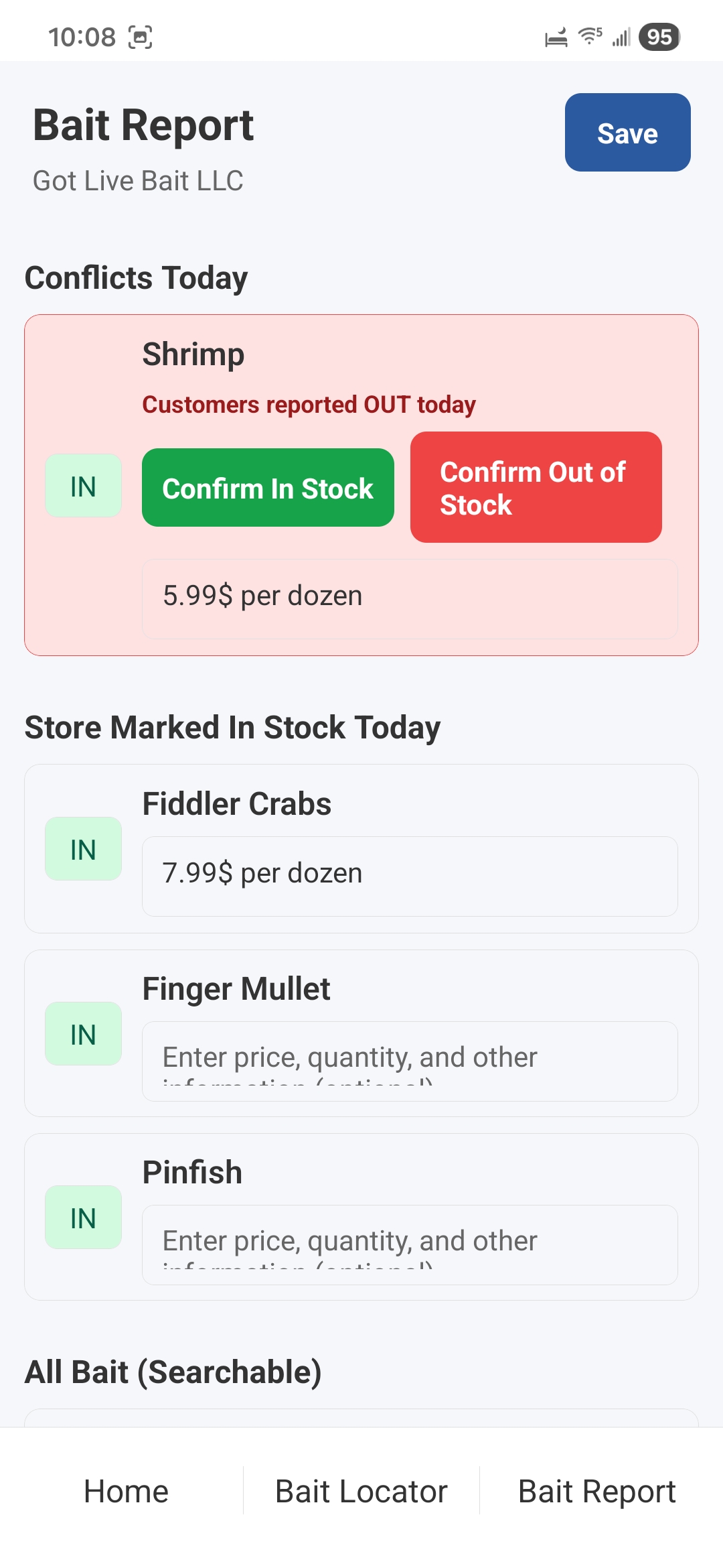 Tackle bait report with conflicts