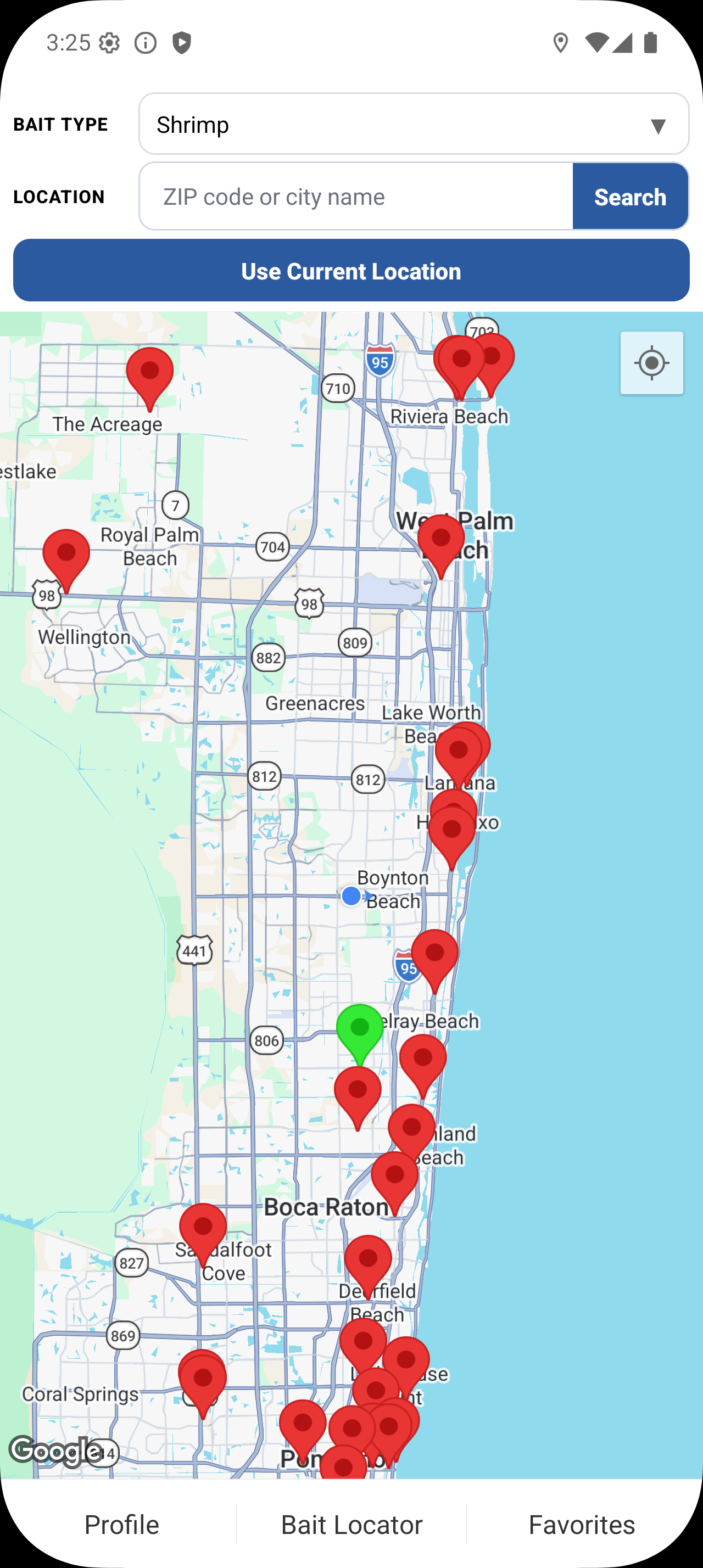 Bait Locator Android map showing shrimp at nearby tackle shops