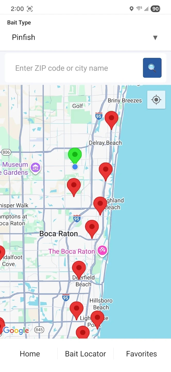 Bait Locator map showing tackle shops
