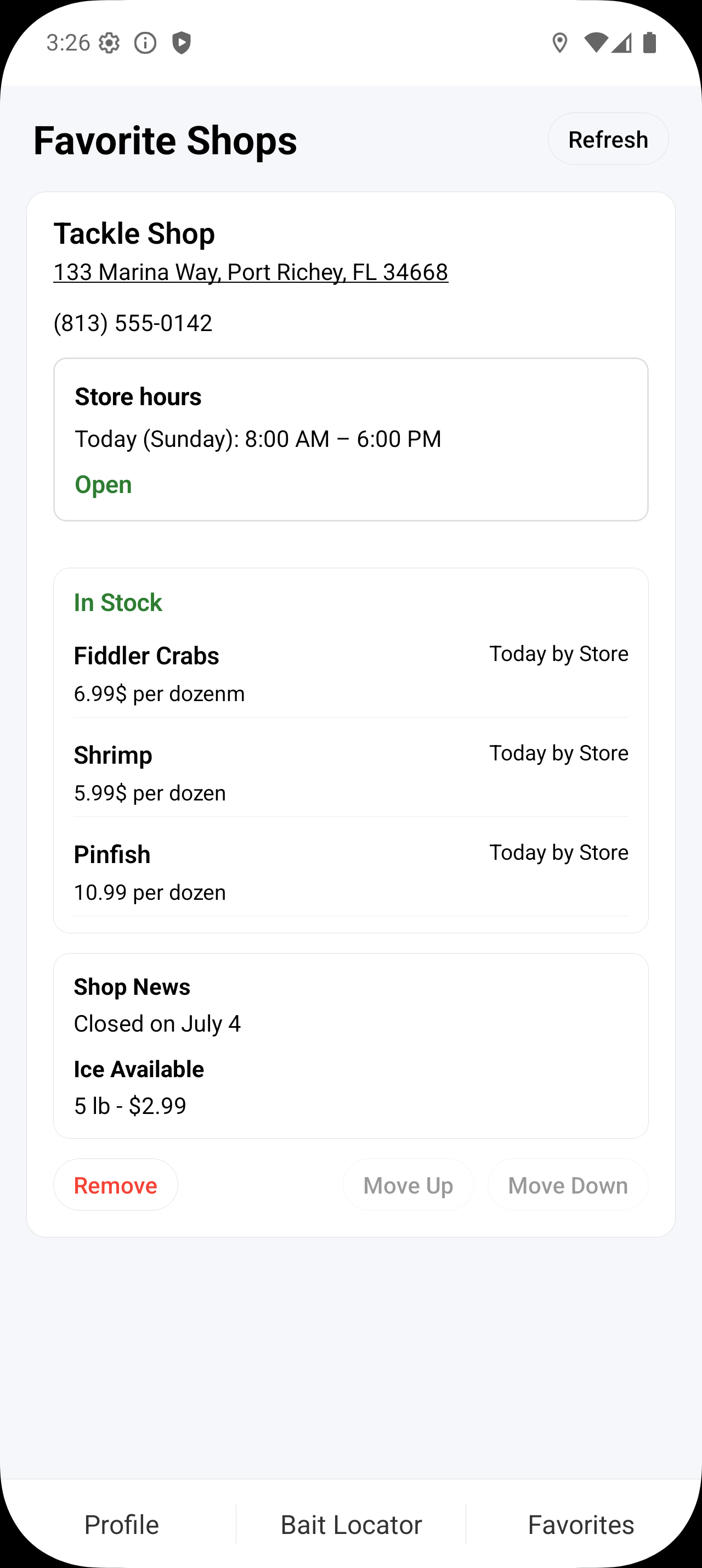 Android Favorites tab showing store hours, bait stock, and shop news