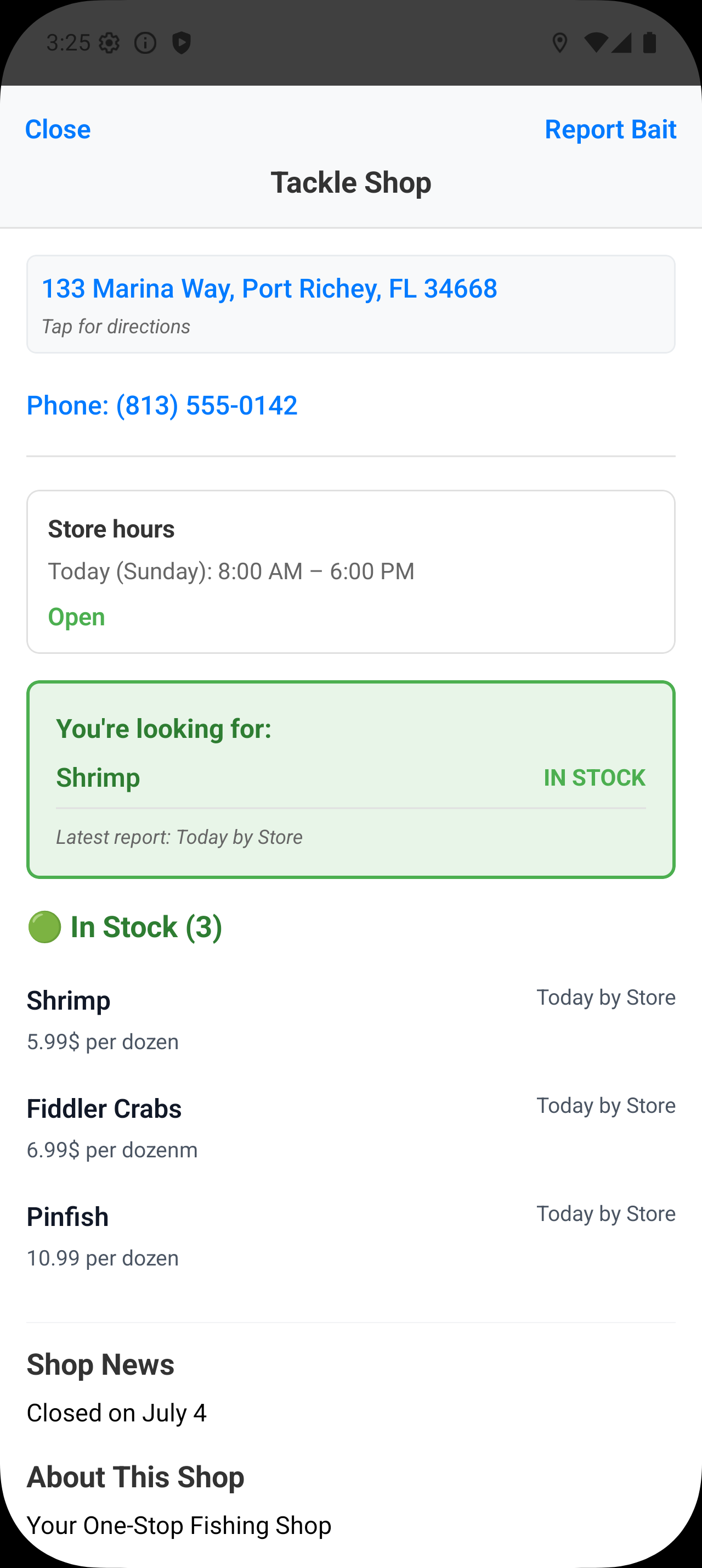 Bait Locator Android shop details showing store hours, shop news, bait stock, and prices