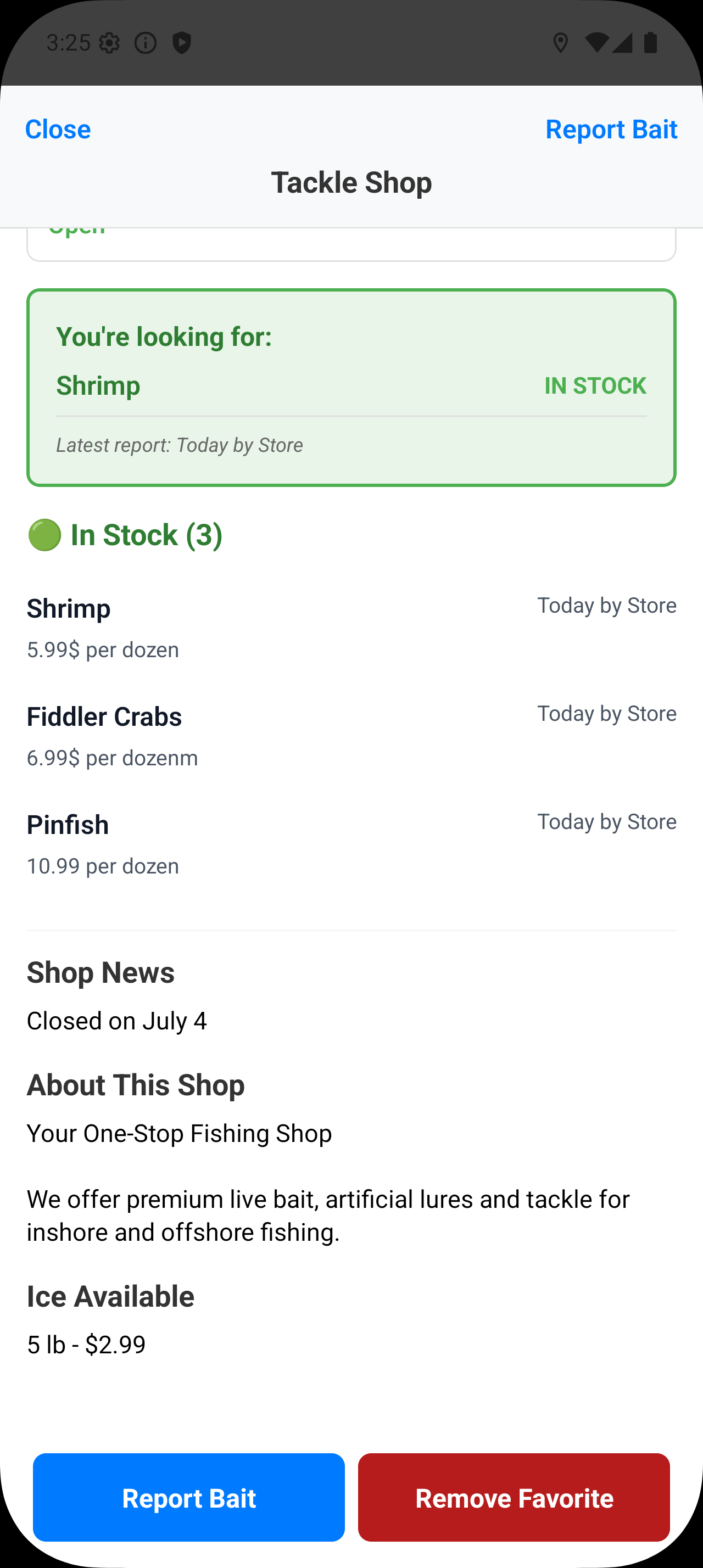 Android shop page showing live bait stock, shop news, about the shop, and ice